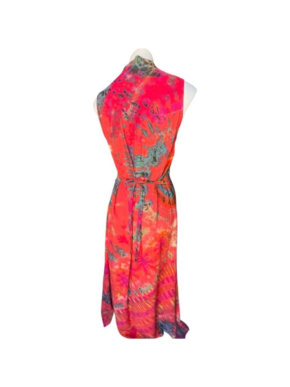 Asian Style Dress Maxi Tie-Dye Sleeveless Mandarin Collar Waist Ties Multicolor - Picture 6 of 11